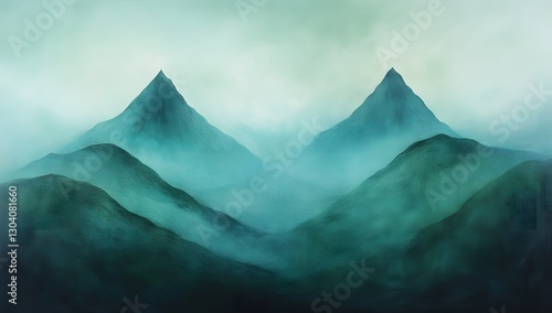 Misty Mountainscape; tranquil, fog-shrouded peaks; serene, scenic view photo