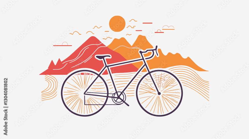 Fototapeta premium A vector illustration depicting a road bicycle positioned centrally against a stylized backdrop. The background features simplified, minimalist representations of mountains in shades of