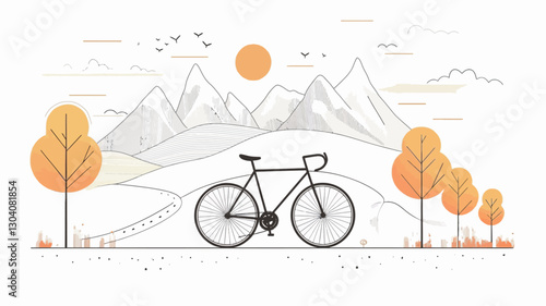 The image is a vector illustration featuring a minimalist line art style.  A single road bicycle is centrally positioned against a backdrop of stylized mountains, hills, and stylized trees