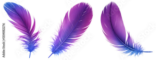 Graceful purple feather with an iridescent blue gradient floating and detailed barbs on a transparent background