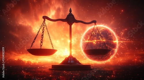 Scales of Justice, apocalyptic sunset, cosmic balance