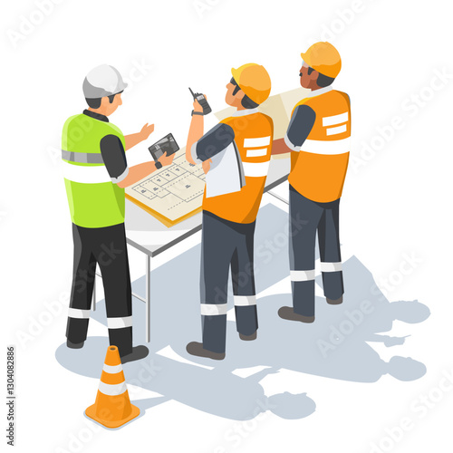 foreman and supervisor working on construction site use control radio operate crane tower work isometric isolated