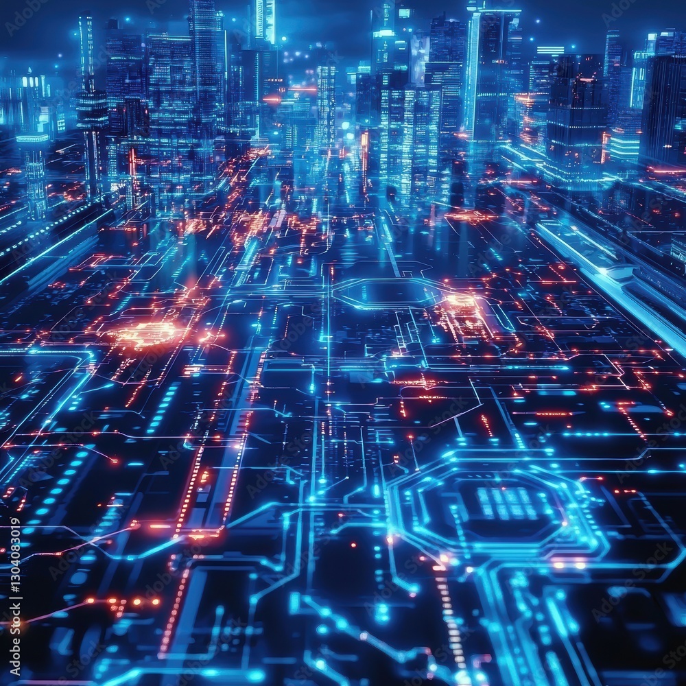 A vibrant digital cityscape with glowing circuits and data lines, showcasing a futuristic, high-tech environment illuminated by blue and orange lights. A vibrant digital cityscape with glowing circuits and data lines, showcasing a futuristic, high-tech environment illuminated by blue and orange lights.