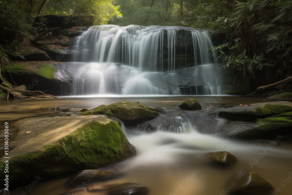 Obraz premium A serene waterfall cascades over rocks, surrounded by lush greenery, creating a tranquil atmosphere in a natural setting.