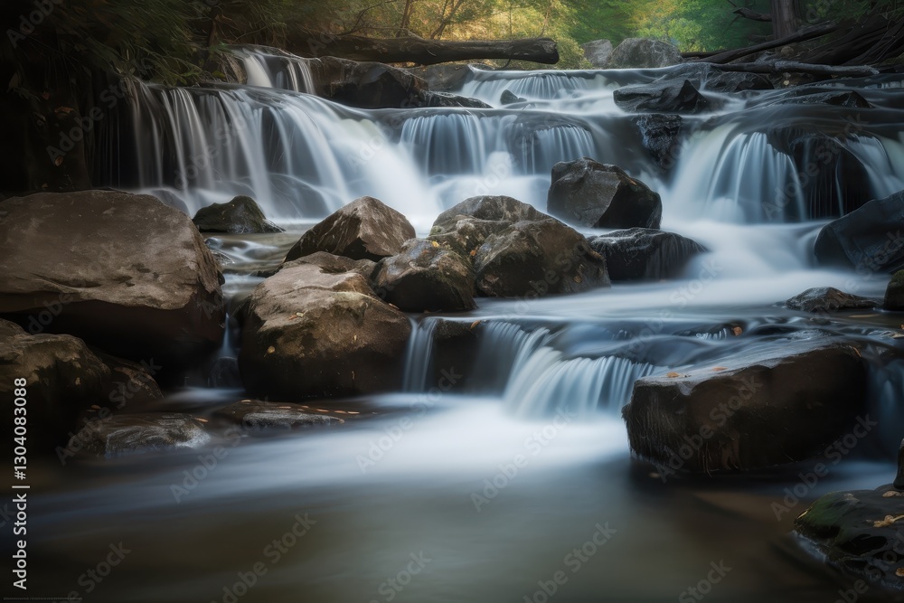 Obraz premium A serene waterfall cascades over smooth rocks, surrounded by lush greenery, creating a peaceful and tranquil natural scene.