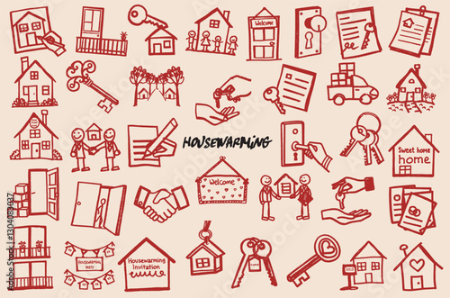 Housewarming celebration with keys, homes, and welcoming symbols, creating warm atmosphere