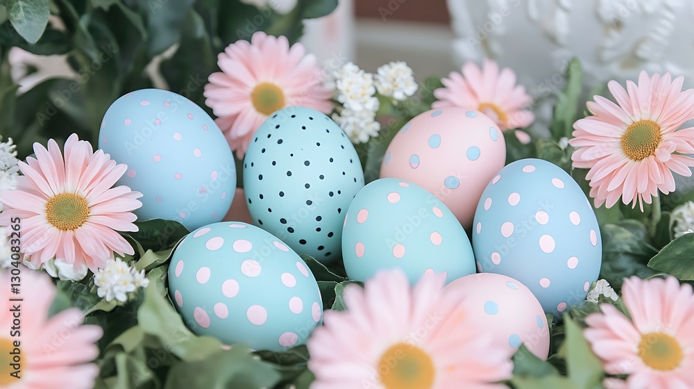 Charming Easter Eggs with Polka Dots Surrounded by Beautiful Flowers Charming Easter Eggs with Polka Dots Surrounded by Beautiful Flowers