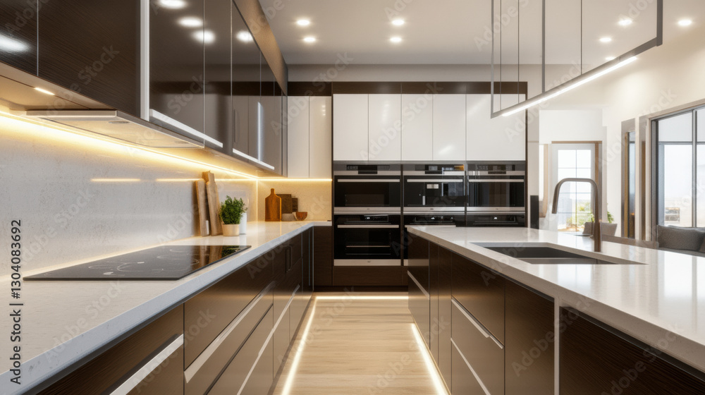 Chic modular kitchen featuring dark chocolate lower cabinets and sleek white upper cabinets, illuminated with warm lighting, creating modern and inviting atmosphere Chic modular kitchen featuring dark chocolate lower cabinets and sleek white upper cabinets, illuminated with warm lighting, creating modern and inviting atmosphere