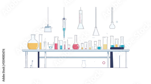 An illustration depicting a laboratory table with various scientific glassware and equipment.  The style is flat, vector-based.  The table is white, and the equipment includes beakers,