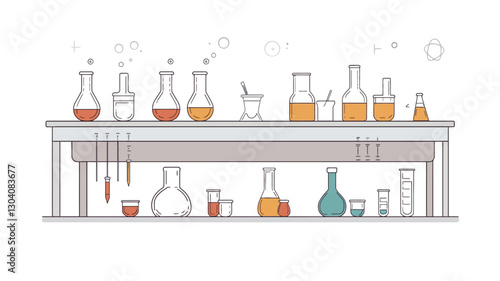 The image is a vector illustration depicting a long laboratory table on which various pieces of laboratory glassware are arranged.  The glassware includes different types and sizes of