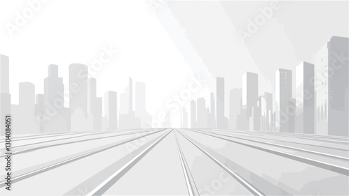 The image is a monochromatic photograph or digital rendering depicting a cityscape viewed from a low perspective along parallel railroad tracks that recede towards the horizon.  The city is