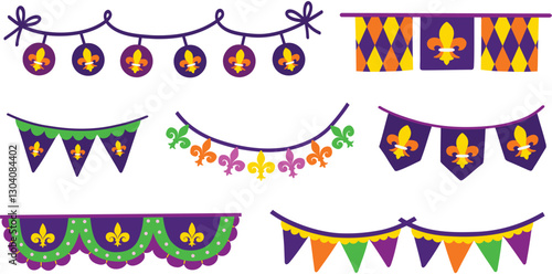 Decorative Mardi Gras banners, buntings, and frames featuring fleur de lis and argyle pattern. Hand drawn vector illustrations.