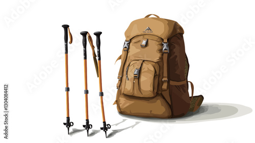 A digital illustration depicts a tan and brown hiking backpack standing upright.  Three trekking poles are positioned to the left of the backpack. The background is pure white. The style is