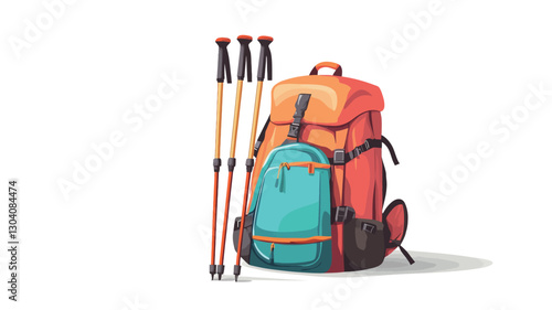 A digital illustration depicting a red and orange backpack with a teal front pocket, positioned slightly to the right.  Three trekking poles are placed to the left of the backpack. The