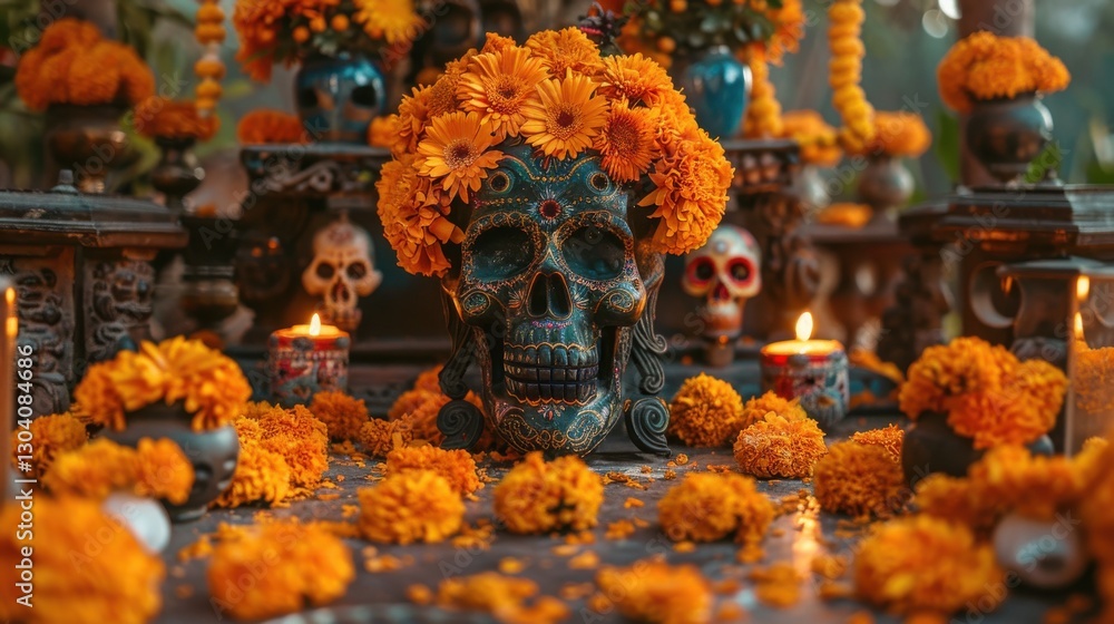 Fototapeta premium Vibrant Altar Display with Colorful Skulls and Marigold Floral Arrangements for Cultural Celebration