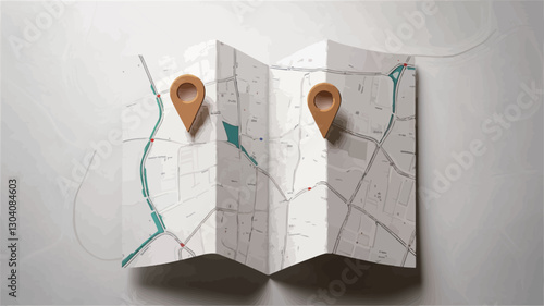 High-angle, close-up view of a folded paper map with two small, light brown location markers or pins placed on it. The map shows a network of roads and geographical features in muted teal