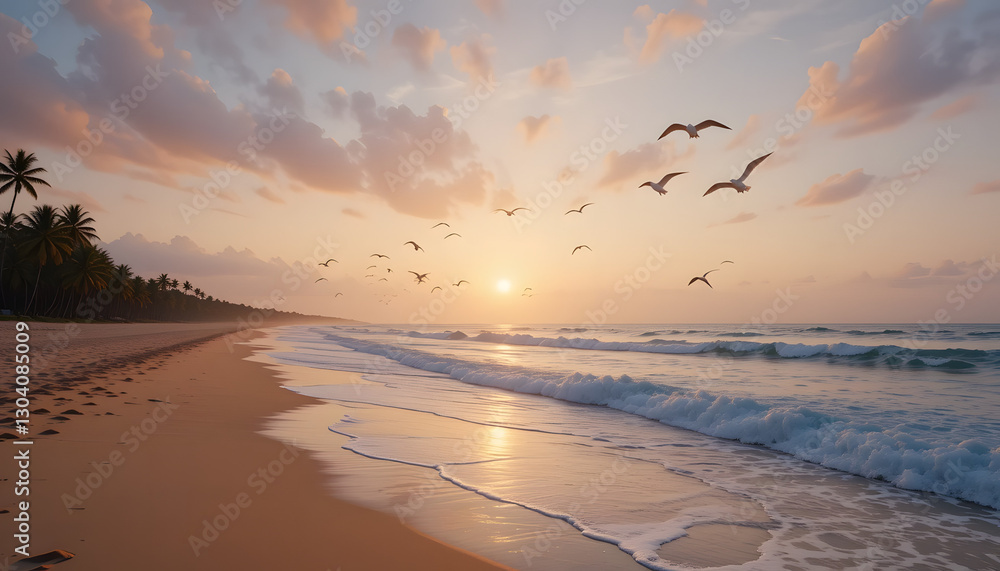 Obraz premium A serene beach at sunset with waves gently crashing on the shore and seagulls flying in the sky.