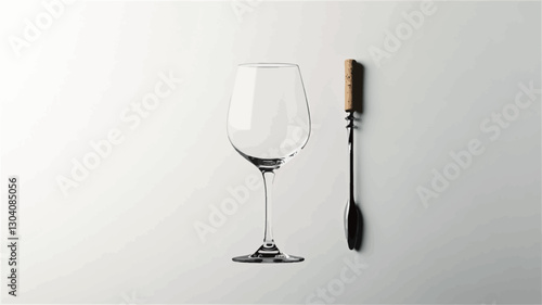 High-angle, close-up view of a clear, empty wine glass and a black bar spoon positioned side-by-side against a plain white background.  The image is sharply focused, with even lighting