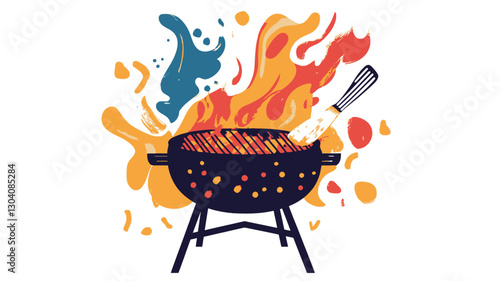 A stylized illustration of a charcoal grill with food cooking on it.  The grill is dark blue with yellow dots, set on a stand.  Vibrant splashes of orange, yellow, blue, and teal surround