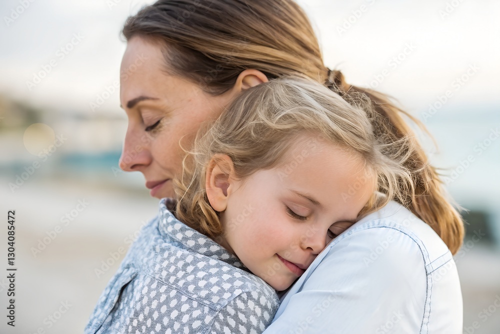 Minimalistic photo of a nanny hugging a small child tightly, extreme close-up focusing on their serene expressions, softly blurred background. Minimalistic photo of a nanny hugging a small child tightly, extreme close-up focusing on their serene expressions, softly blurred background.