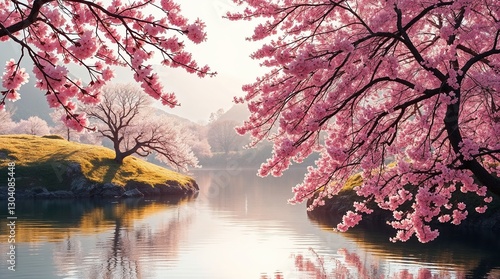 Digital artwork, high-resolution stock photo style, strong hard light, serene landscape with tranquil water reflecting warm light, lush cherry blossoms, direct harsh shadows, commercial quality.