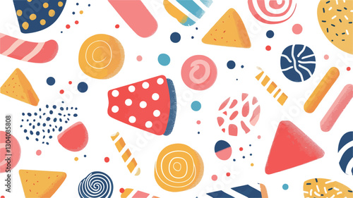 A seamless pattern featuring a variety of abstract shapes and forms suggestive of candy and sweets. The style is playful and whimsical, with a predominantly white background punctuated by