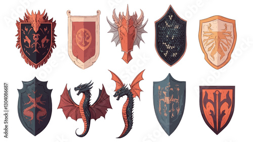 A digital illustration featuring a collection of twelve distinct heraldic shields and dragons.  The shields are depicted in various shapes and designs, incorporating a range of colors,
