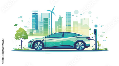 A stylized illustration depicting a teal electric car parked next to a charging station. The car is positioned in the foreground against a backdrop of a stylized city skyline featuring