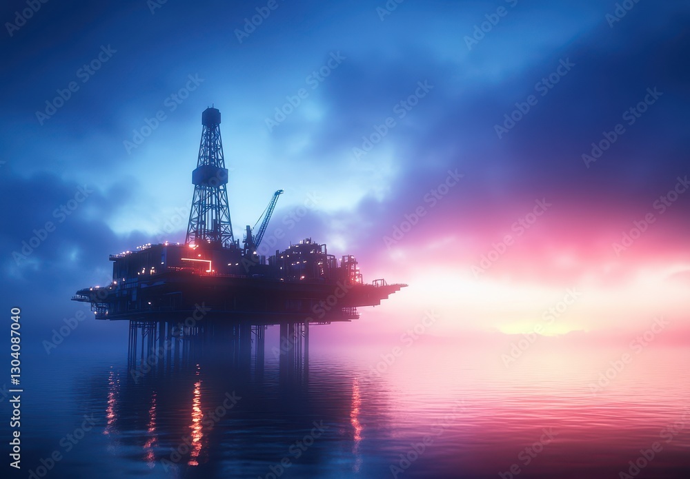 Obraz premium Dramatic Sunset Over Offshore Oil Rig with Reflections in Calm Waters and Moody Clouds Highlighting Industrial Energy Infrastructure