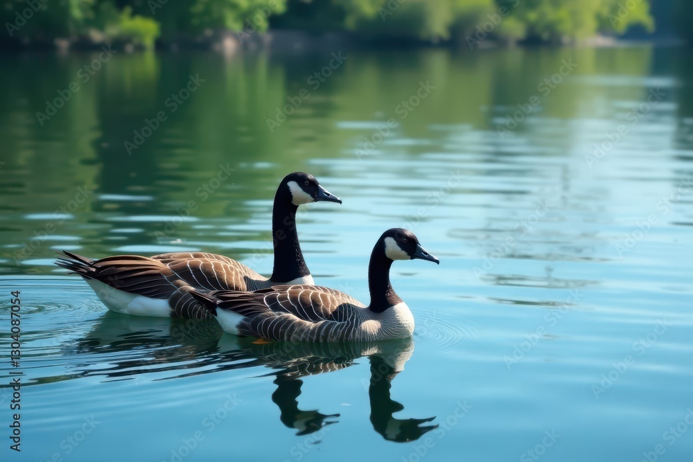 Group of geese peacefully floats on tranquil blue lake, stock, lake Group of geese peacefully floats on tranquil blue lake, stock, lake