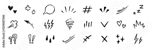 Line movement comic element, cartoon emotion mark effect decoration icon. Hand drawn cute doodle line element arrow, emphasis, shock, sparkle. Anime movement, express shape. Vector illustration