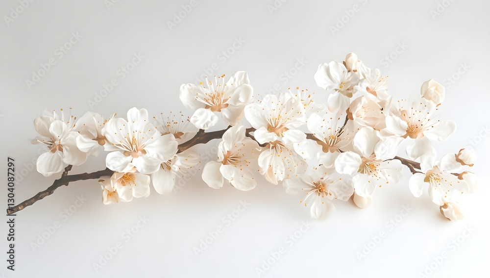 Delicate spring blossoms on branch, white background, peaceful scene. Possible use greeting card, poster Delicate spring blossoms on branch, white background, peaceful scene. Possible use greeting card, poster