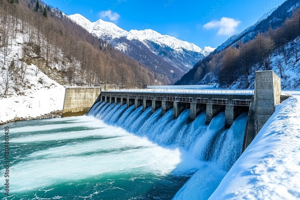 A hydroelectric dam in winter, with parts of the reservoir frozen but power still being generated A hydroelectric dam in winter, with parts of the reservoir frozen but power still being generated