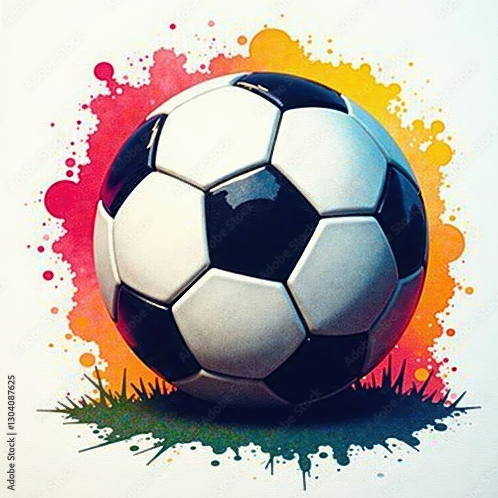 Fototapeta premium Spray-painted football, vibrant graffiti style, white backdrop, bold, athletic