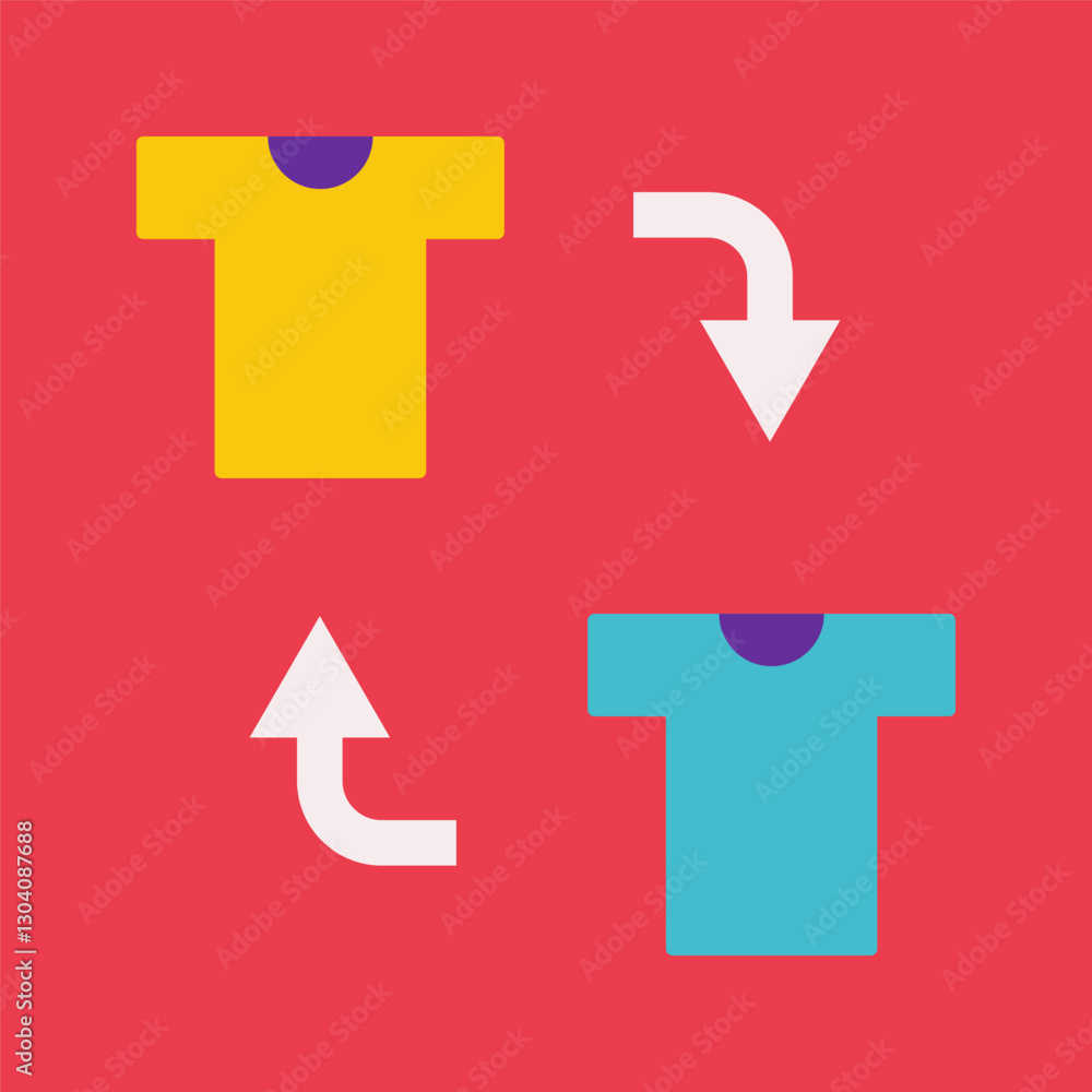 Vector flat illustration with 2 t-shirt and arrow between them as symbol of player substitution on football field. Violet background and two jerseys. Minimalistic concept, clipart sport collection Vector flat illustration with 2 t-shirt and arrow between them as symbol of player substitution on football field. Violet background and two jerseys. Minimalistic concept, clipart sport collection
