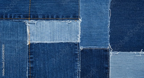 AI-generated illustration of patchwork of various denim fabrics in different shades of blue