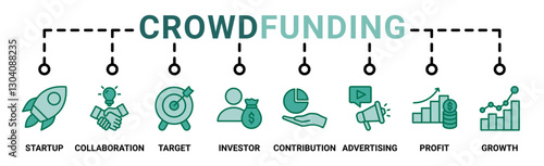 Crowdfunding web icon vector illustration concept with icon of startup, collaboration, target, investor, contribution, advertising, profit, growth