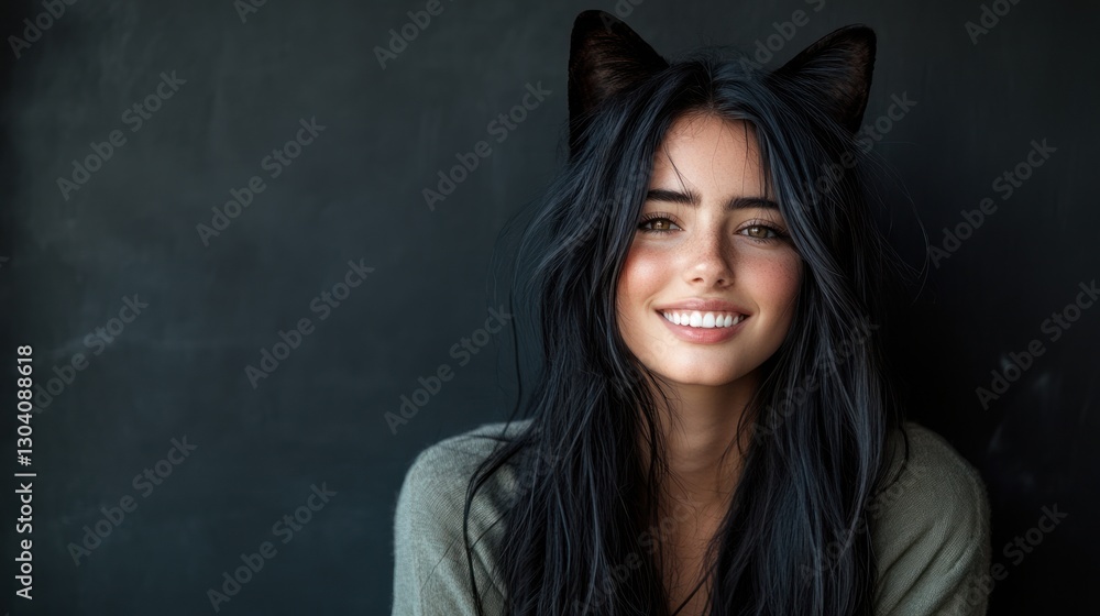 Fototapeta premium A close-up portrait of a young woman with black cat ears, smiling with a hint of mystery, the soft lighting and dark background adding depth and contrast to her feline look.
