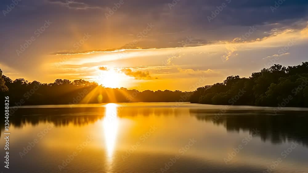 Serene sunset over a calm river, with vibrant colors reflecting off the water and trees Serene sunset over a calm river, with vibrant colors reflecting off the water and trees