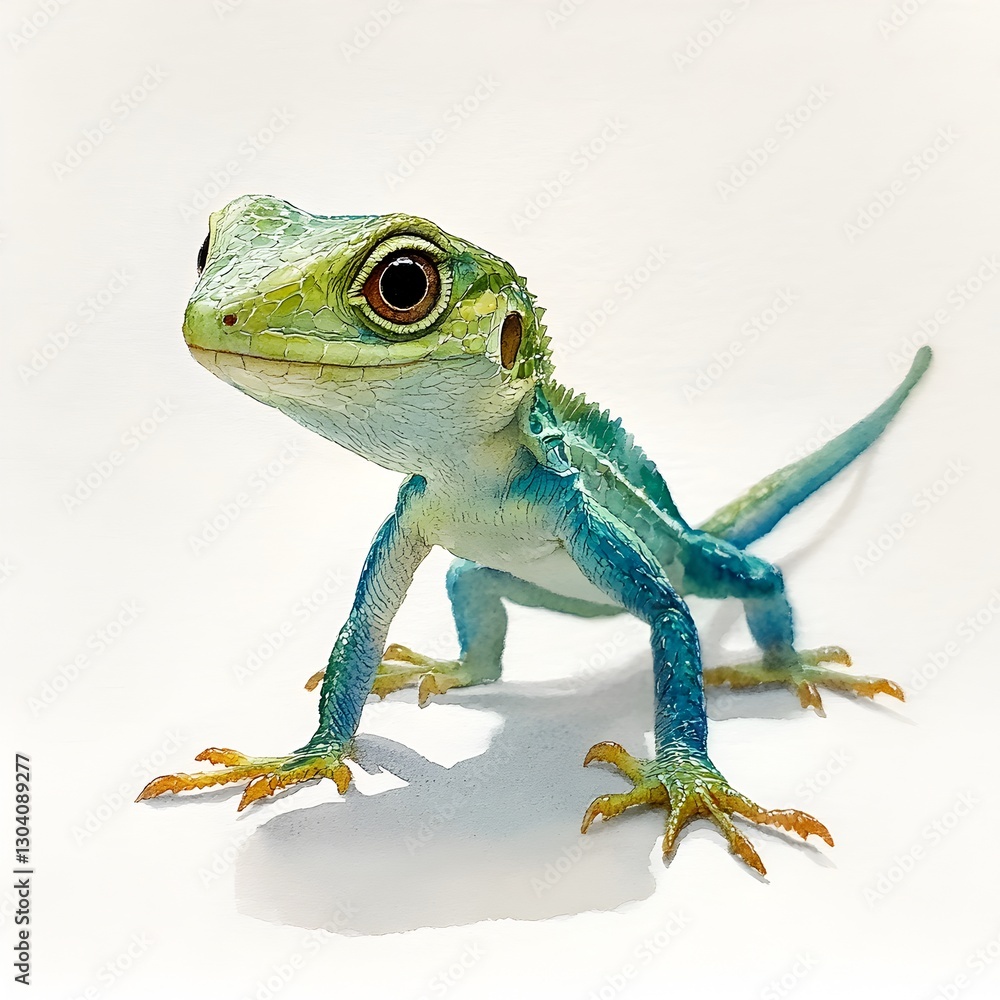 Fototapeta premium A colorful lizard with a vivid green body crawling on natural terrain surrounded by nature