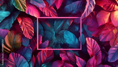 Colorful leaves frame, vibrant background, botanical design