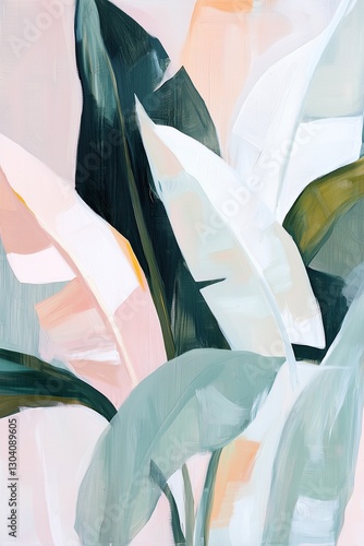 Abstract representation of green leaves with soft pastel background in modern art style