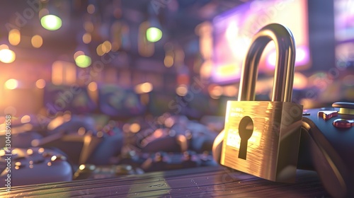 Close-up of a locked padlock on a gaming controller, symbolizing game restrictions and parental control, with gaming consoles and accessories in the background. Gaming safety and digital security conc