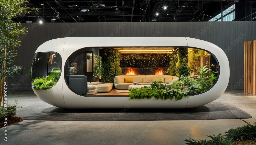 Fototapeta premium Futuristic Biophilic Capsule: Modern Living Space