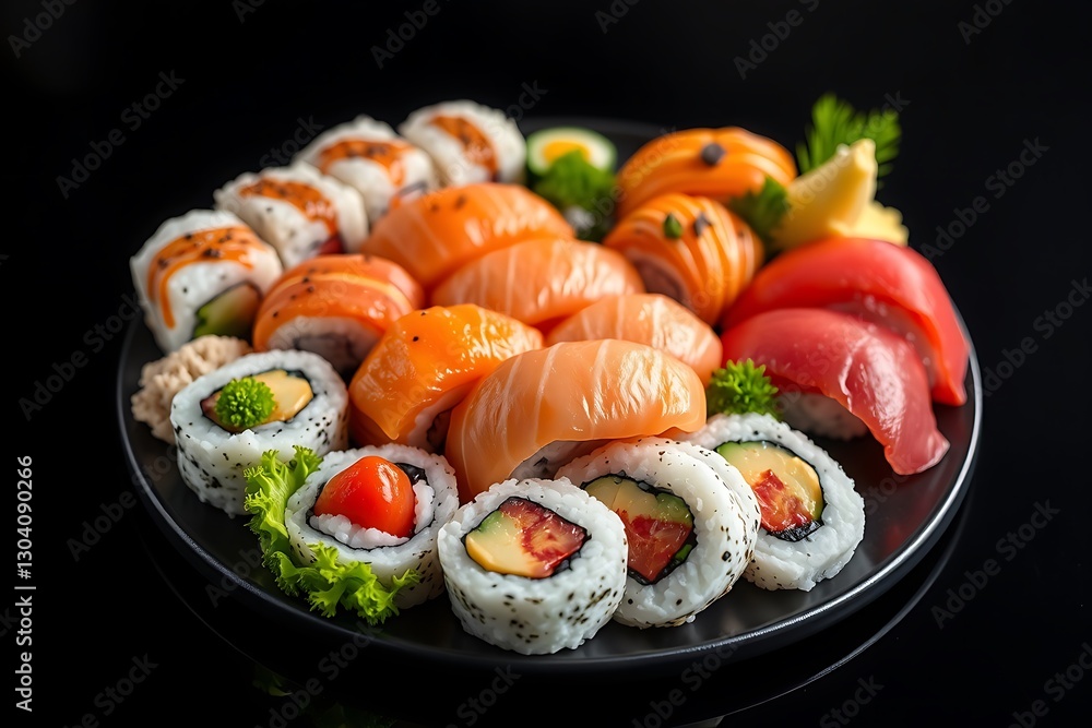 Beautifully Arranged Sushi Platter with Vibrant Colors on Solid Background - fast foods stock-image Beautifully Arranged Sushi Platter with Vibrant Colors on Solid Background - fast foods stock-image