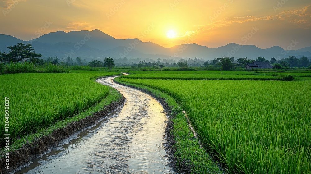 Obraz premium Serene Winding Path Through Lush Rice Fields