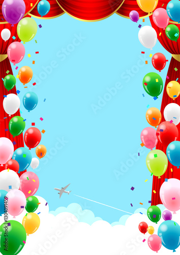 風船、幕、緞帳、飛行機雲、背景、かわいい、イラスト、ゴールデンウィーク、縦