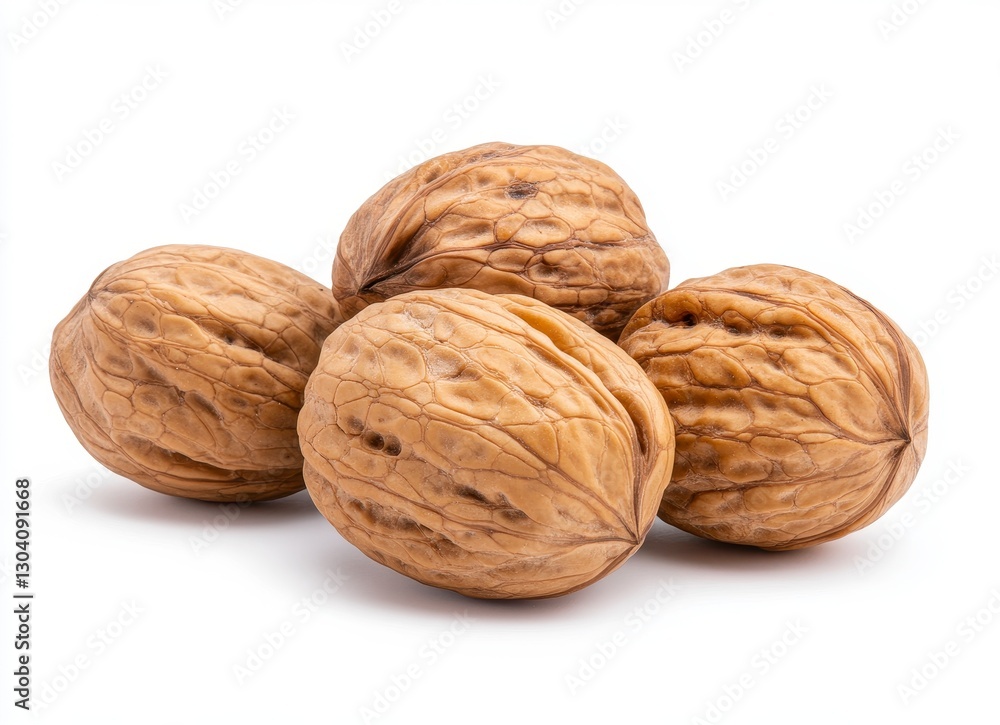 Close Up of Four Brown Walnuts on White Background Close Up of Four Brown Walnuts on White Background