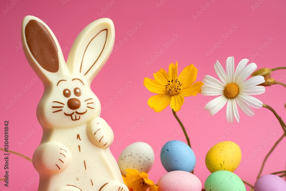 Obraz premium A spring composition of a white chocolate easter bunny and eggs over pink background