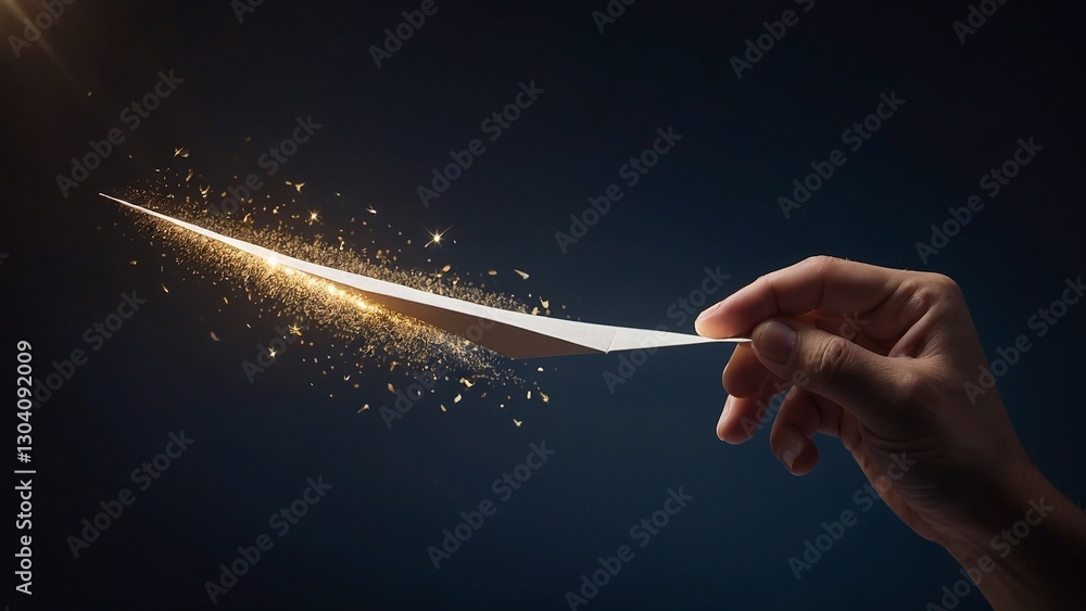 Fototapeta premium A hand releases a paper airplane with a trail of sparkling light following it symbolizing dreams aspirations and the pursuit of goals.